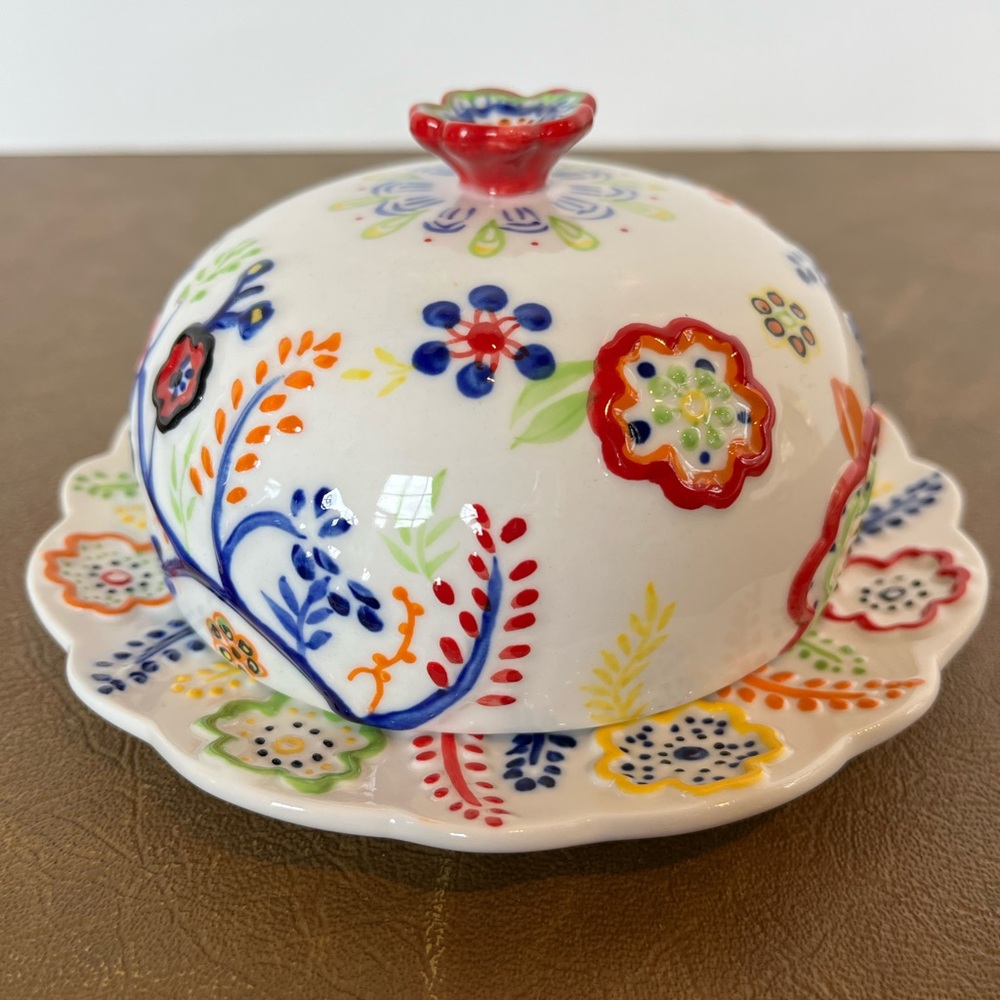 Anthropologie Floral Embossed Domed Lid Butter Dish
